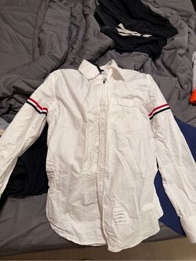 Thom Browne White Button-Up Shirt with Red & Navy Sleeve Stripes